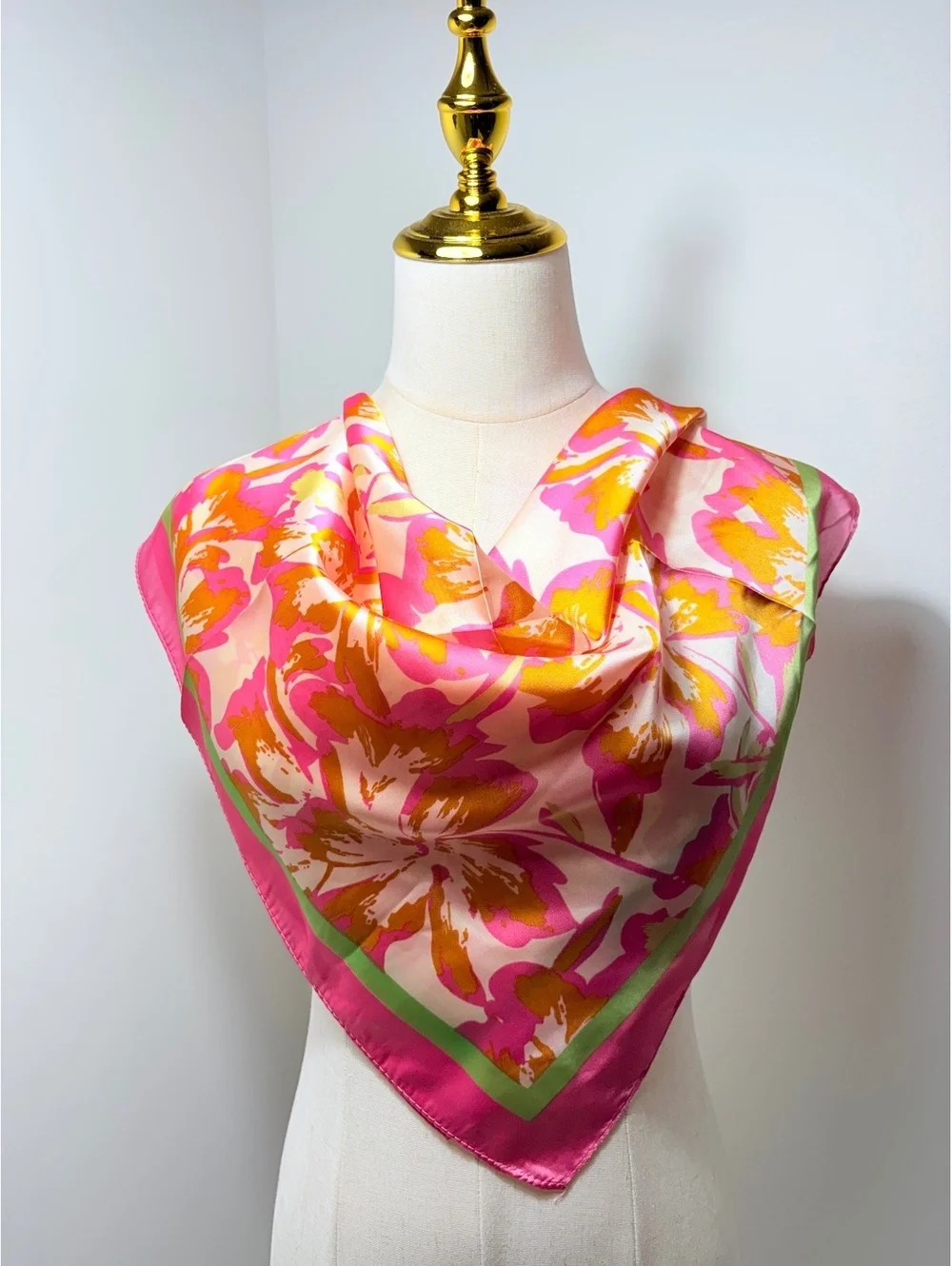 Vintage Floral Scarf Pink Orange Green Square Neck Wrap